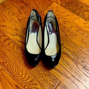 Black patent open tie shoes